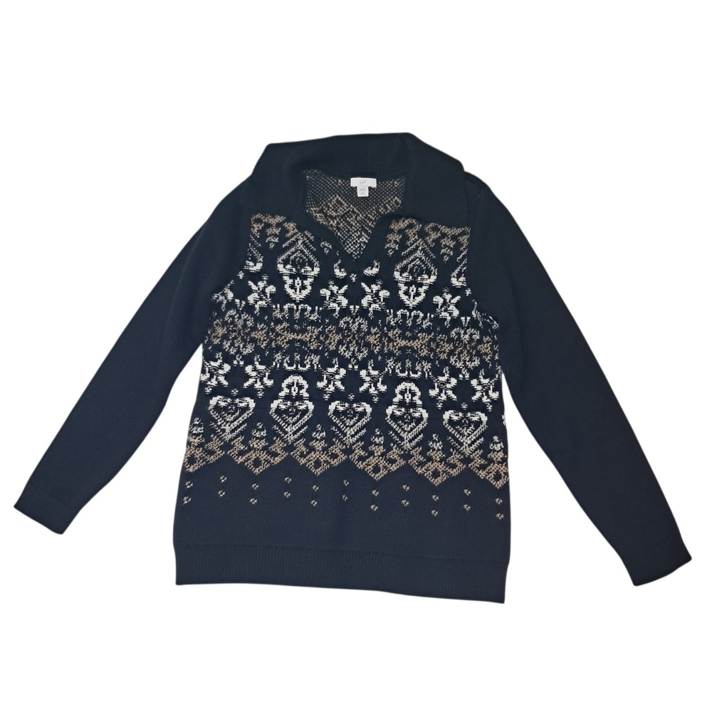 J. Jill Sweater Womens Medium Petite Navy Blue Fair Isle Heart Knit Polo‎ Collar